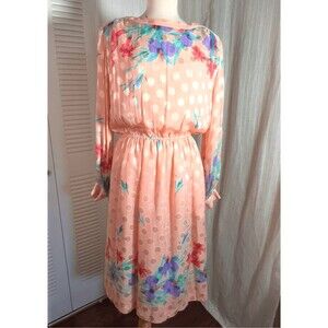Anne Crimmins Dress Size L Women's 80's Pink Coral Watercolor Polka Dot Midi